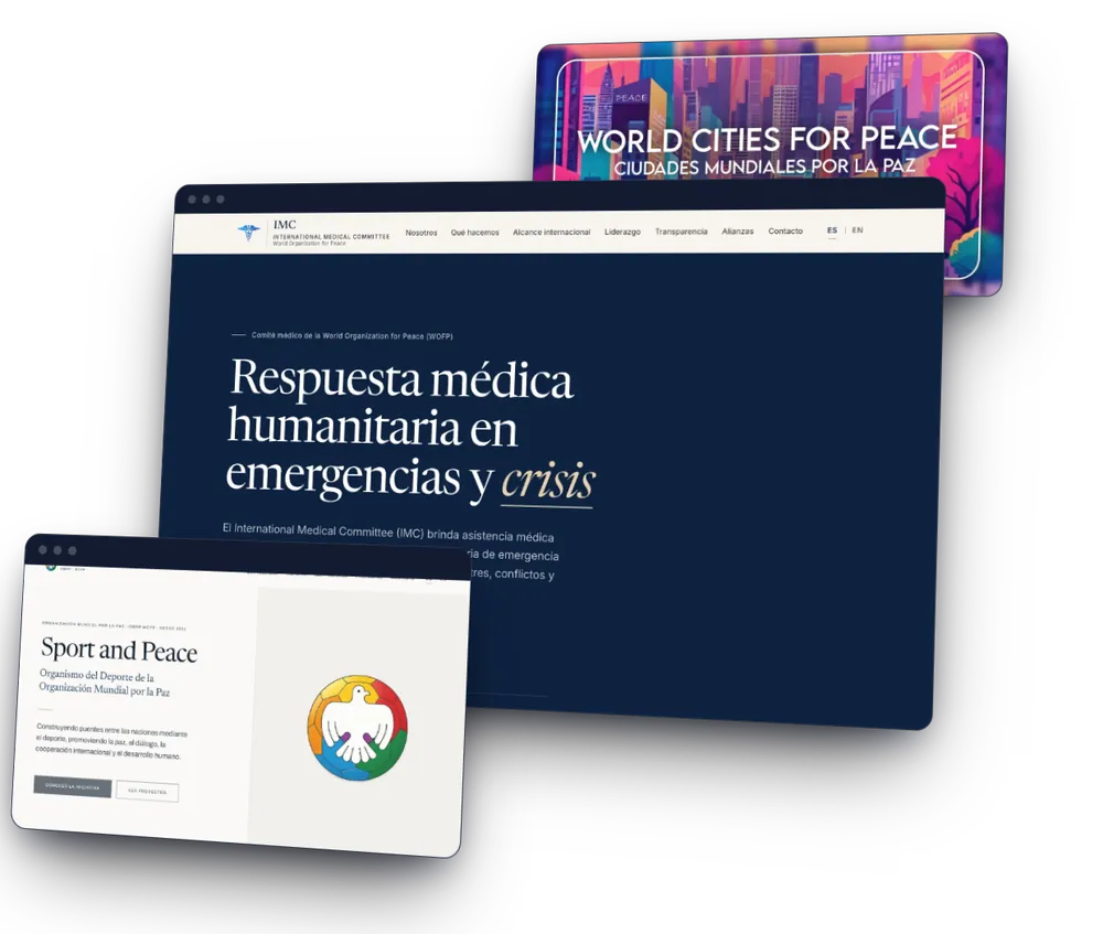 Tres trabajos del estudio en pantalla: el sitio del International Medical Committee, una portada de OMPP · WOFP y el sitio nuevo de Sport and Peace, en desarrollo.