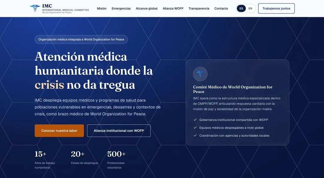 Home page of the International Medical Committee website, with a headline about humanitarian medical care in crisis zones.