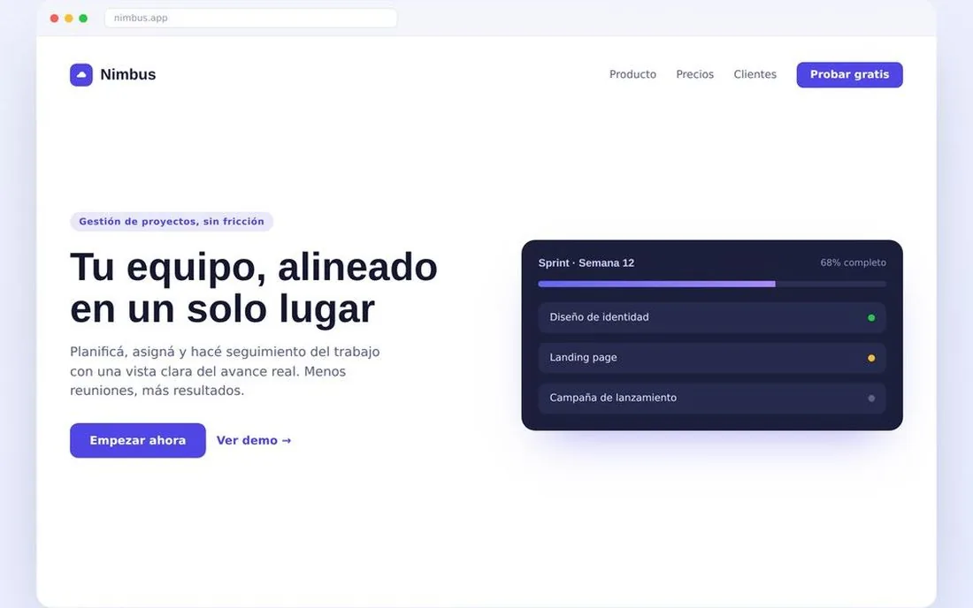 Nimbus landing page with a team-alignment headline and a sprint progress panel.