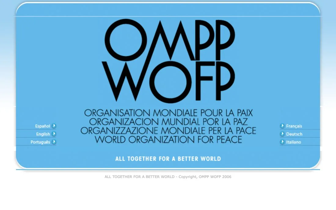 Multilingual home page of the OMPP WOFP website: typographic logo, the organization’s name in four languages and the motto All together for a better world.