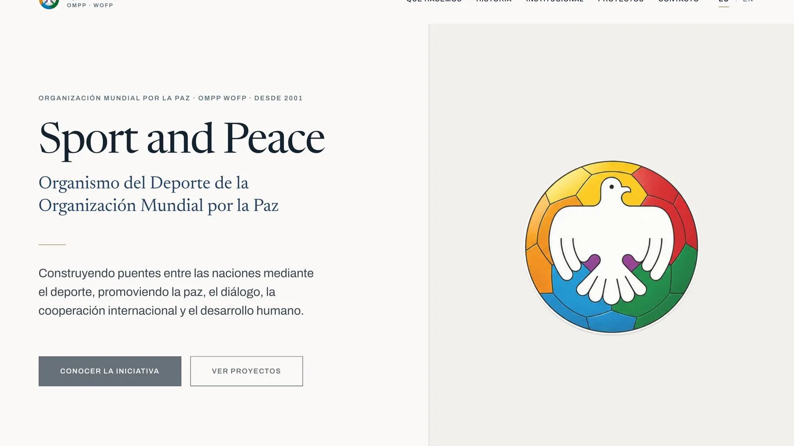 Home page of the Sport and Peace institutional website, with the dove emblem and the Sport and Peace headline.