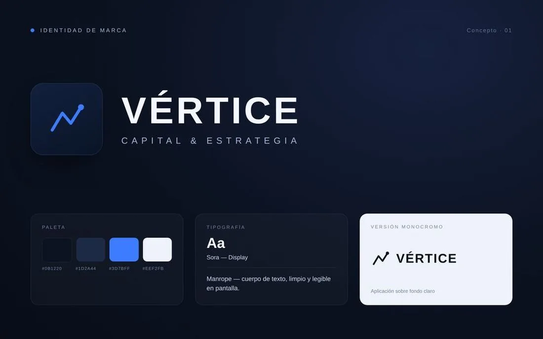 VÉRTICE brand board: logo, blue color palette, typography and monochrome version.