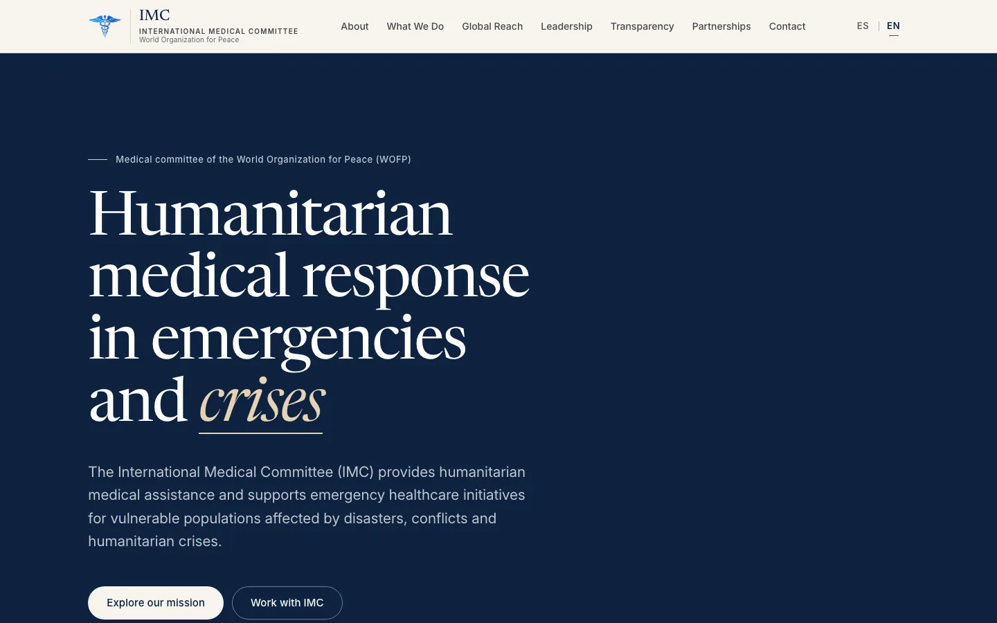 English home page of the International Medical Committee website: Humanitarian medical response in emergencies and crises.