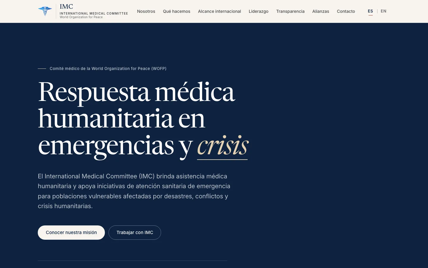 Portada en español del sitio del International Medical Committee: Respuesta médica humanitaria en emergencias y crisis.