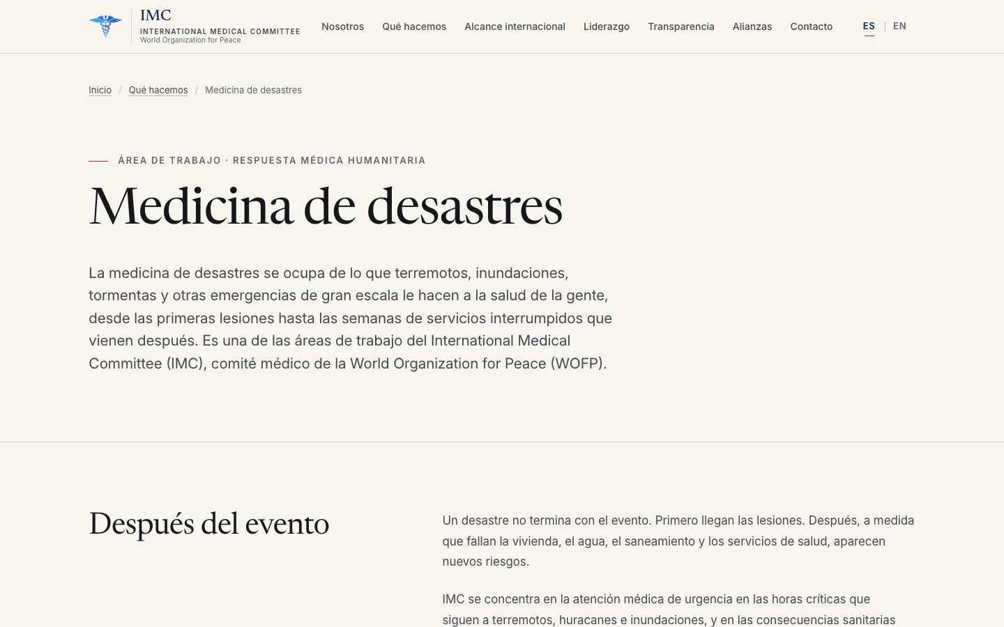 Disaster medicine page of the International Medical Committee website, Spanish version, with its breadcrumb trail.