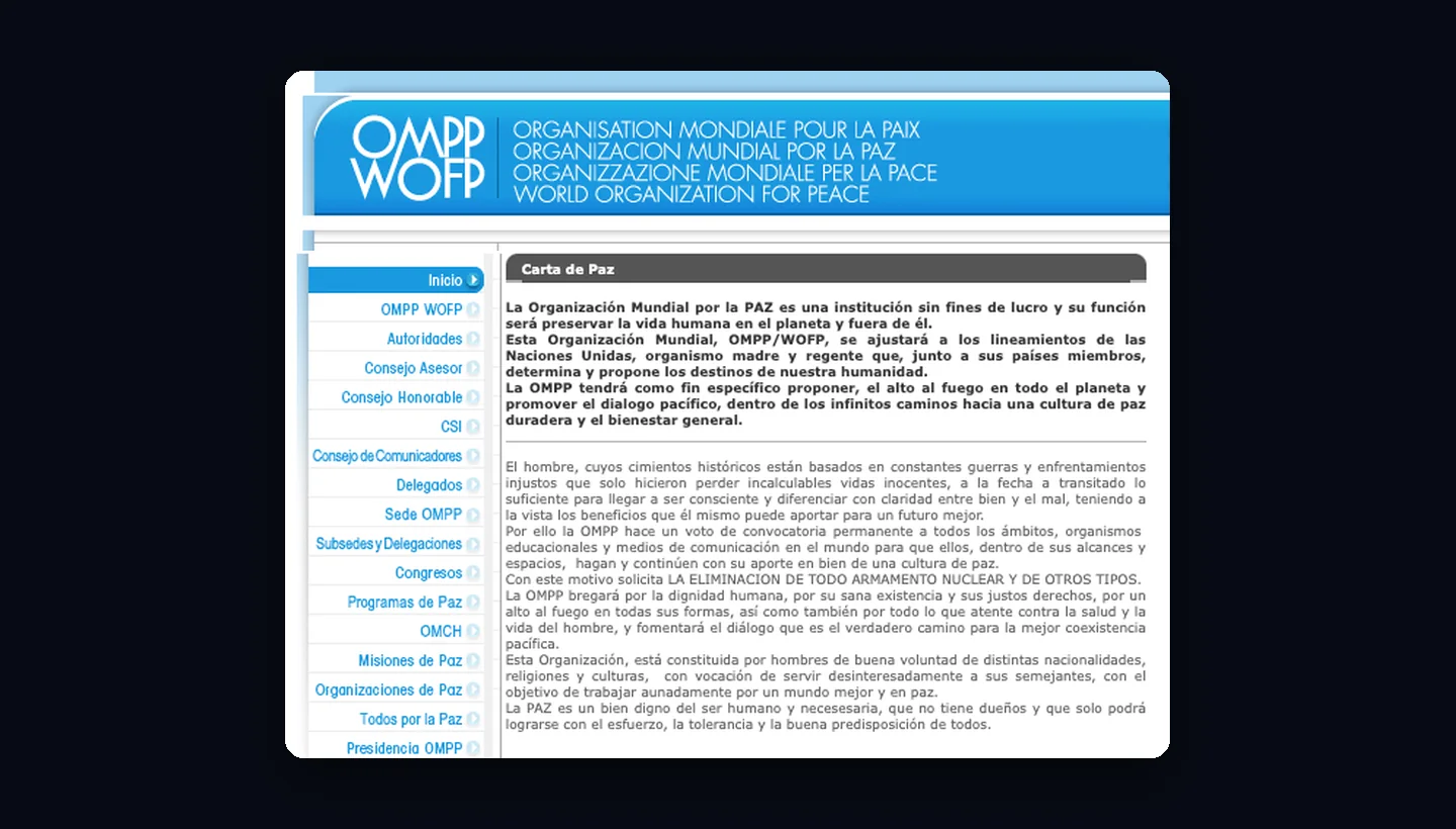 Header and top of the Spanish home page of ompp.org: the OMPP WOFP logotype with the name in four languages, the side menu with the institutional sections and the text of the Peace Charter.