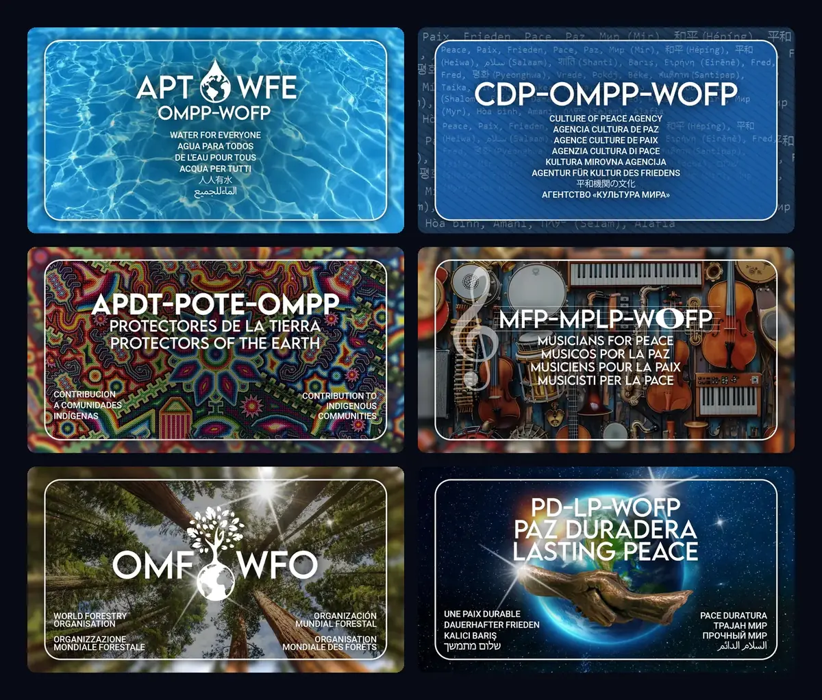 Six of the 2026 covers, each with the body’s name in several languages: Water for Everyone, the Culture of Peace Agency, Protectors of the Earth, Musicians for Peace, the World Forestry Organization and Lasting Peace.