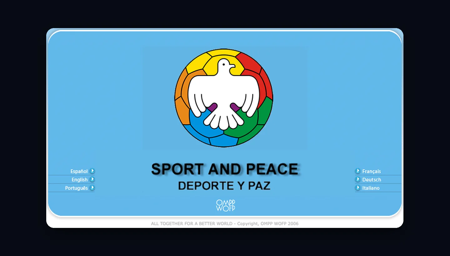 Portal of the 2006 Sport and Peace website: the dove emblem over a multicolored ball, the name Sport and Peace, Deporte y Paz, and the OMPP WOFP logotype.